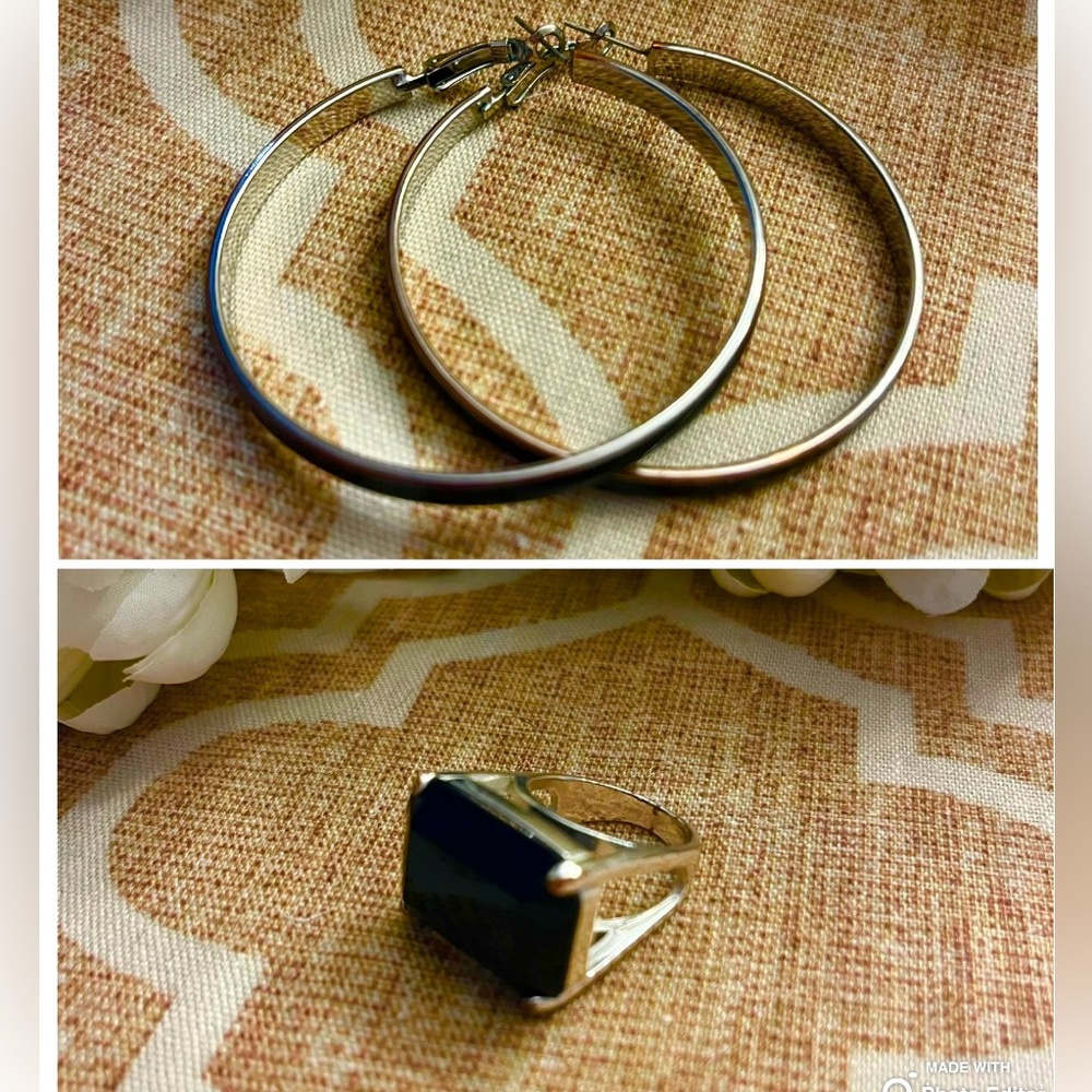 2 pc Set Large Black Hoops with Ring